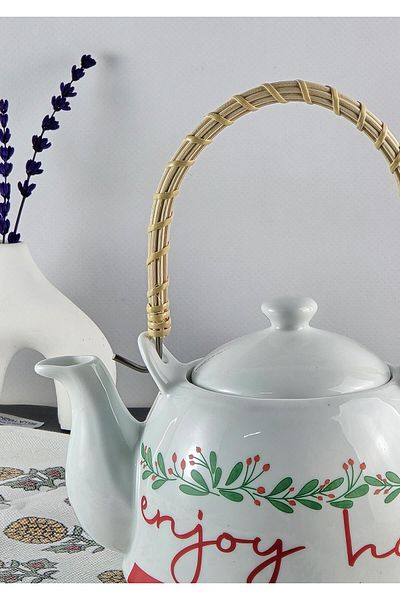HomeTarz 1 Liter Porcelain Teapot - Wicker Handle Tea Teapot