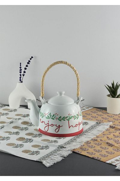 HomeTarz 1 Liter Porcelain Teapot - Wicker Handle Tea Teapot