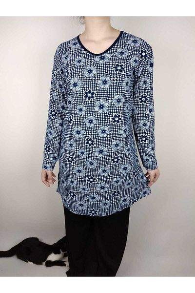 YAŞAR TRİKO Women's Navy Blue White V Neck Long Sleeve Suede Soft Fabric Tunic