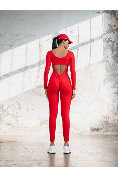lismina Kırmızı Uzun Kollu Arkası Büzgülü ( Scrunch Butt ) Spor Tayt Tulum