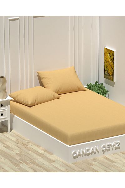 CANDAN ÇEYİZ Double Bed Sheet Set of 2 Pillows Elastic Cotton Mustard Bed Sheet Set