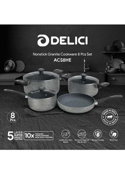 DELICI 8pcs Cookware Set,5 Layer Granite Coating,Frypan 24cm,2 Saucepan withlid20&24cm,Milkpan withlid 18cm