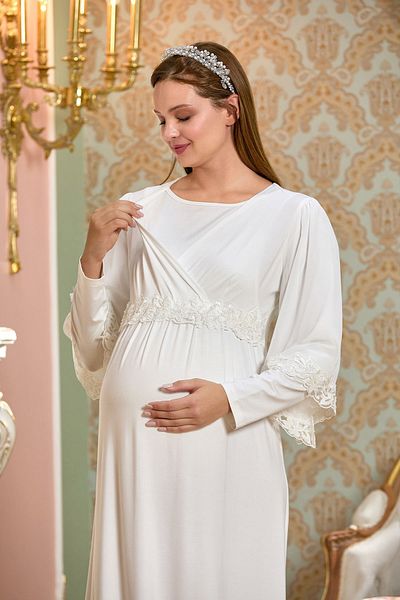 Cossy By Aqua 25121 Cămașă de noapte de maternitate din viscoză, cu mânecă lungă, cu mânecă lungă, cu guler dublu