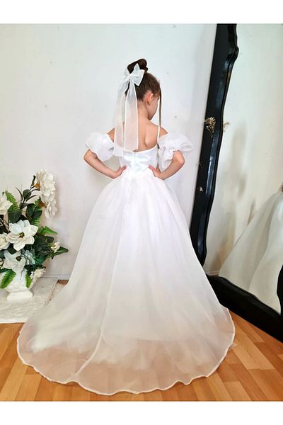 Sare Çocuk Giyim White Balloon Sleeve Detail Sweep Train Princess Wedding Dress Evening Dress Graduation Dress (2-15 Years)