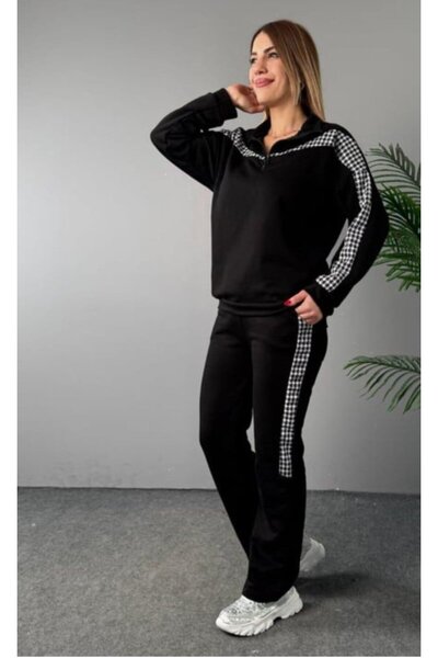 moda wanilia Women's Zipper and Plaid Detail Sweatshirt and Trousers Three Thread Fabric Double Set