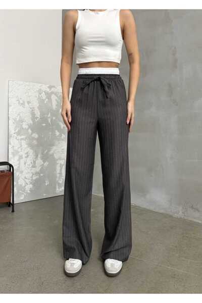 BNK Shop سروال بالازو مخطط بخصر مزدوج وربطة عنق واسعة