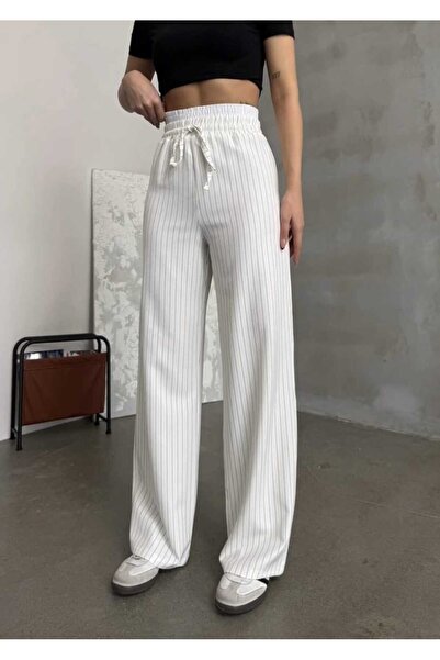 BNK Shop Striped Double Waist Detailed String Tie Wide Leg Palazzo Trousers