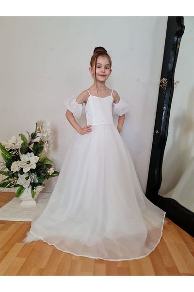 Sare Çocuk Giyim White Balloon Sleeve Detail Sweep Train Princess Wedding Dress Evening Dress Graduation Dress (2-15 Years)