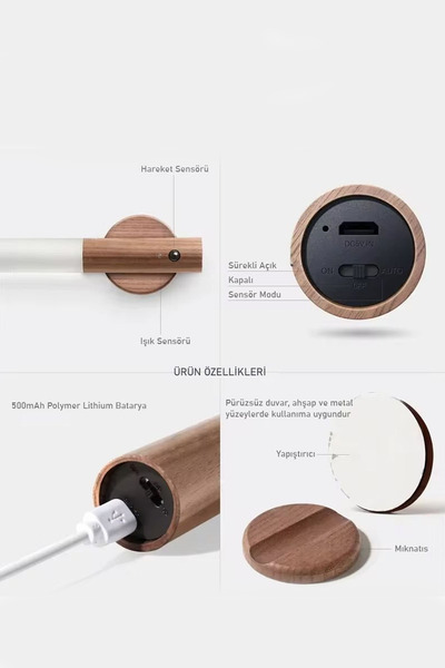 Kacar Home Kumru Şarjlı LED Ahşap Renk - Duvar Lambası - Hareket Sensörlü - Günışığı - Kablosuz - Lüks Aplik