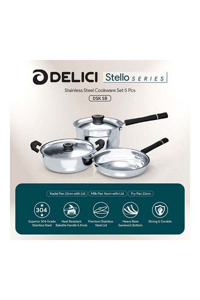 DELICI DELICI 5-Piece Stainless Steel Cookware Set, 304 Grade, Fry Pan, Kadai & Milk Pan with Lids - DSK 5B