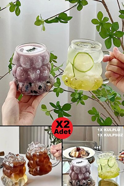 Berdina Home 2li Boncuklu Pipetli Cam Bardak Üzüm Tanesi 350 ml. Kulplu Kulps...