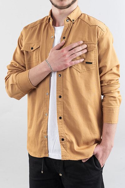 bombe Ανδρικό πουκάμισο Mustard Slim Fit Slim Fit Ανδρικό τζιν πουκάμισο