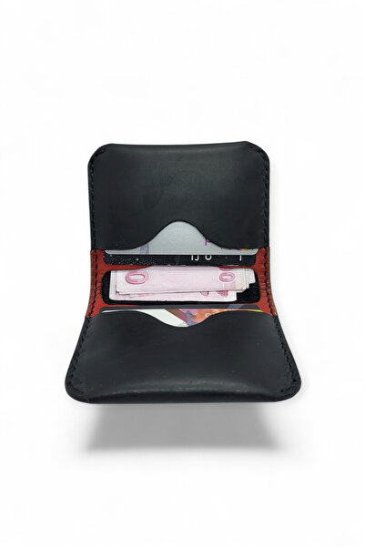 Leather Cy Vita Kırmızı Siyah Hakiki Deri Unisex İsim Baskılı Kişiye Özel El Yapımı Kartlık Cüzdan