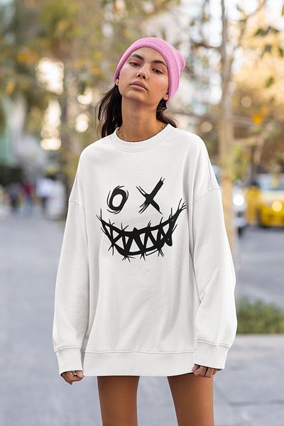 SEVBANO Line Design Smiley Face Printed Unisex Oversize Sweatshirt