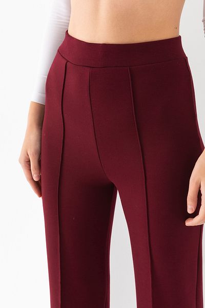 LEBRA Pantaloni de damă bordeaux cu nervuri în față, cu potrivire lată, cu picior largi, din țesătură modal, cu talie înaltă, jambiere