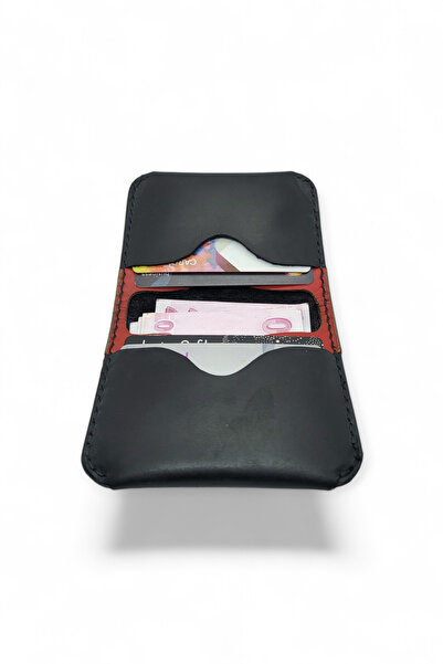 Leather Cy Vita Kırmızı Siyah Hakiki Deri Unisex İsim Baskılı Kişiye Özel El Yapımı Kartlık Cüzdan