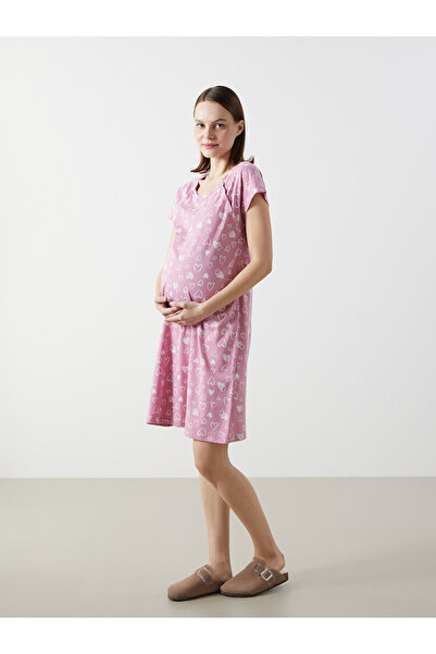 LC Waikiki Peak New Season Crew Neck Patterned Short Sleeve Maternity Nightgown