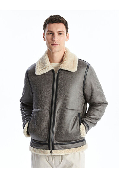 LC Waikiki معطف XSIDE باللون الرمادي ذو الياقة القميصية للرجال ذو مظهر جلدي