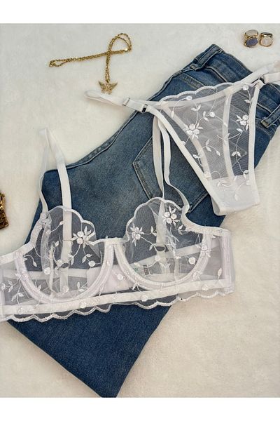 İNKO İÇ GİYİM Floral Underwire Cupless Tulle Bra Set (Bra Thong)