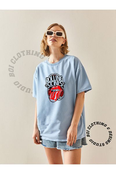 Boi Λογότυπο Rooling Stones Σχεδιασμός Oversize Loose Fit Casual βαμβακερό μαύρο λευκό κοντομάνικο μπλουζάκι