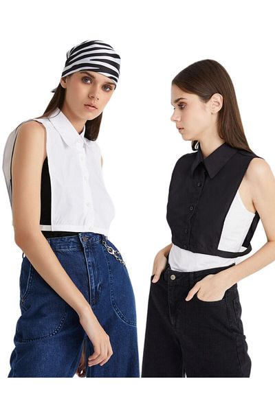 mirach Set of 2 Shirt Collar Half Shirt Sleeveless White and Black Cotton Stylish Design