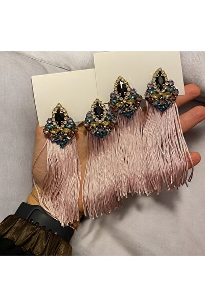Handmade Toz pembe püsküllü küpe