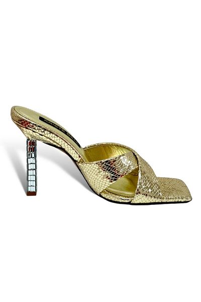 KRISTE BELL Croco Gold Stone Snake Patterned Banded Women's Heeled Slippers