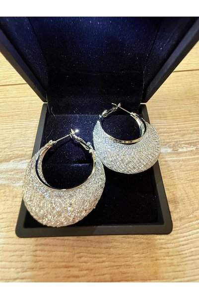 ANGELSS JEWELLERY Işıltılı Bombeli Halka Küpe (Zirkon Taşlı Örme Şık VIP Gümü...