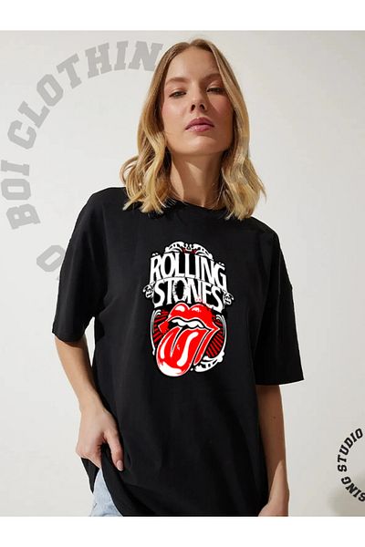 Boi Rooling Stones Logo Design Oversize Loose Fit Casual Cotton Black Short Sleeve T-Shirt