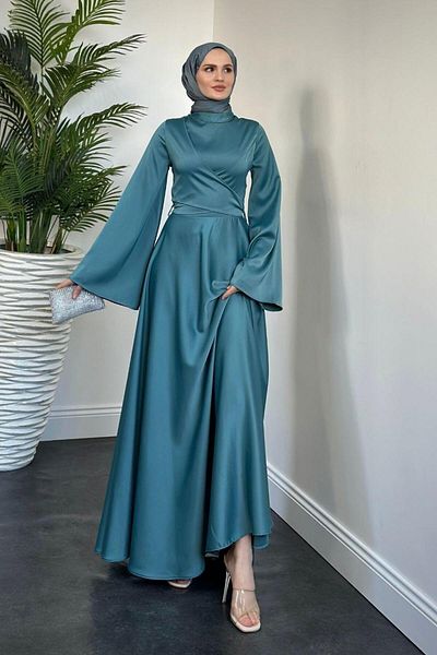 MERVEN AKYÜZ Βραδινό φόρεμα Turquoise Pary Front Cross