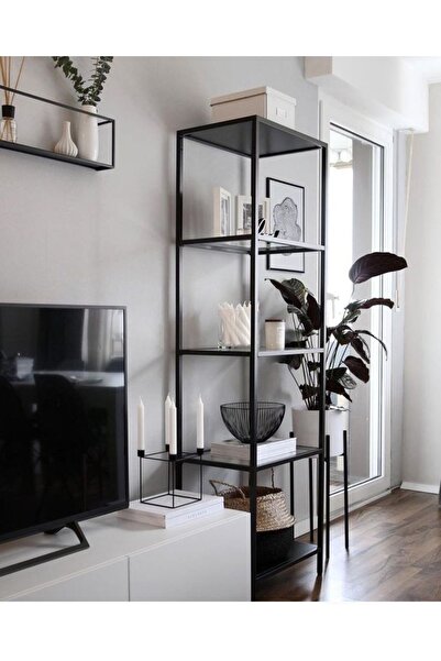 Home Dali 40 cm Kitaplık Dekoratif Aksesuar Rafı Mutfak Rafı Şeffaf Cam Siyah Ahşap