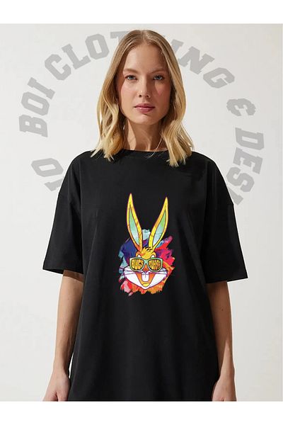 Boi Women's Color Bugs Bunny Design Oversize Loose Fit Casual Cotton Black White Short Sleeve T-Shirt