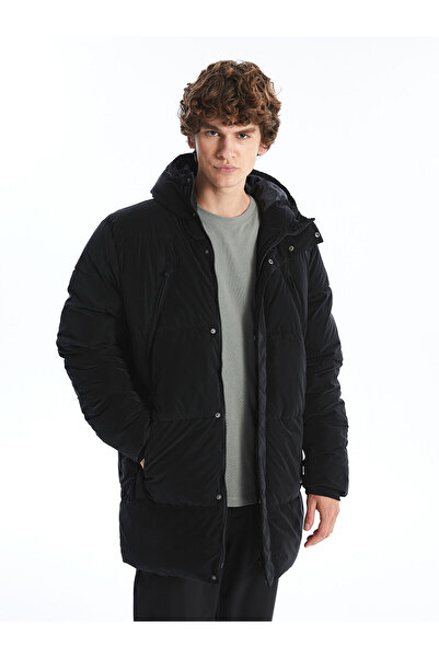 LC Waikiki Ανδρικό παλτό XSIDE Black Comfortable Fit με κουκούλα