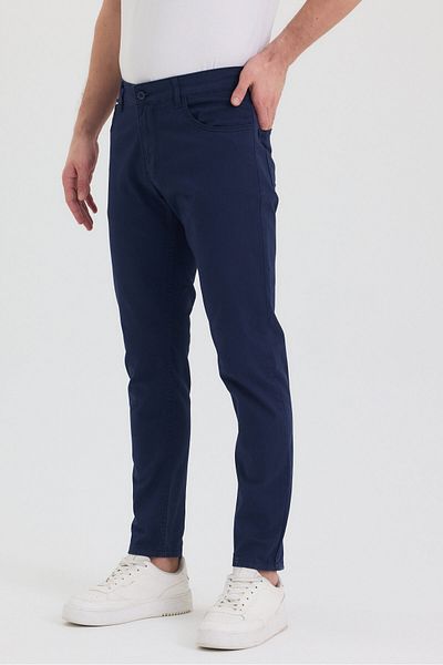 TheSeason Men's Navy Blue Slim Fit Flexible Gabardine Trousers