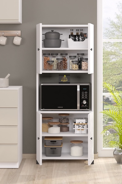 Cosargroup Mikro Fırın Dolabı Çok Amaçlı Dolap 4 Kapaklı Sedef Mutfak Dolabı Erzak Dolabı Kiler Dolabı Beyaz