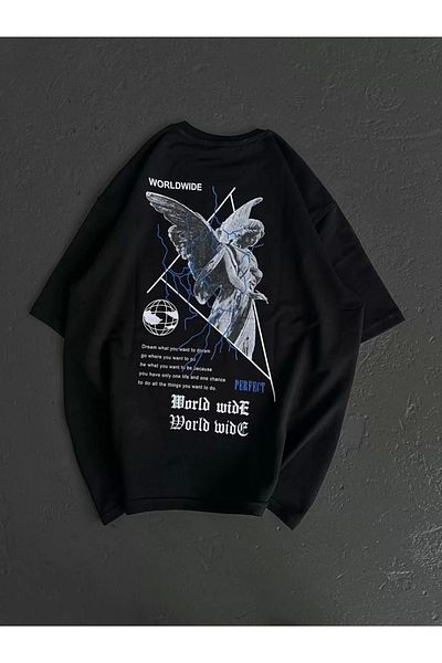 New Shine Μπλουζάκι Unisex Crew Neck Printed Oversize - Μαύρο