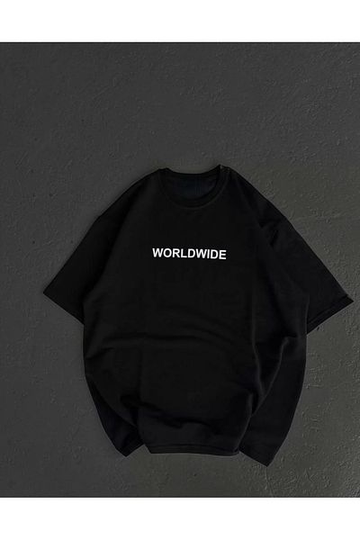 New Shine Μπλουζάκι Unisex Crew Neck Printed Oversize - Μαύρο