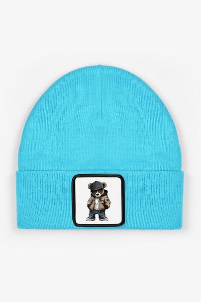 CraftID Bear with Glasses Turquoise 100% Acrylic Unisex Beanie with Interchangeable Patch