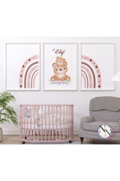 NN DECOR İsme Özel Oyuncak Ayı ve Gökyüzü Temalı 3'lü Set - Doğal Ahşap Çerçe...