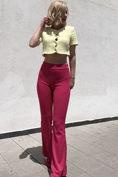 KAŞİHA Fuşya Likralı Yüksek Bel Toparlayıcı Ispanyol Paça Tayt Pantolon 100 Cm