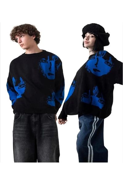 ÖZGESTORE Унисекс стрийт уелнес пуловер Blue Faces Oversize черен