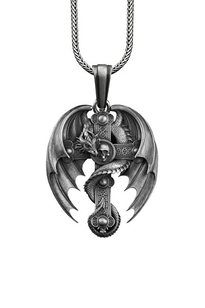 Bysilverstone Ejderha Ve Haç Oksitli Gümüş Erkek Kolye