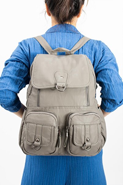 571 Collections Çanta Gray Washed Leather Backpack - Model 571-11-11E