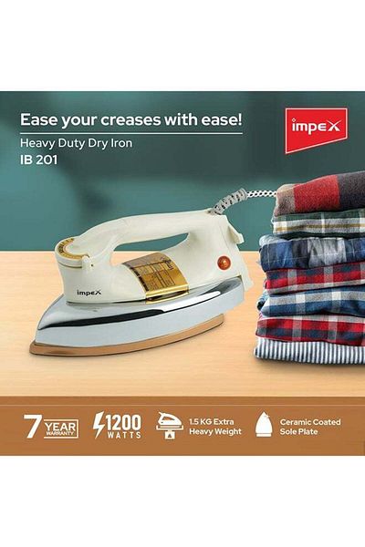 İMPEX Heavy Duty Iron Box 1.5Kg Temperature Dial And Auto Shut Off  Ceramic Coating 1200W IB201 Ivory