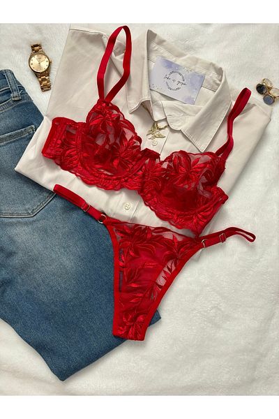 İNKO İÇ GİYİM Valentine's Day Gift Floral Underwire Capless Tulle Bra Set (Bra Tanga)