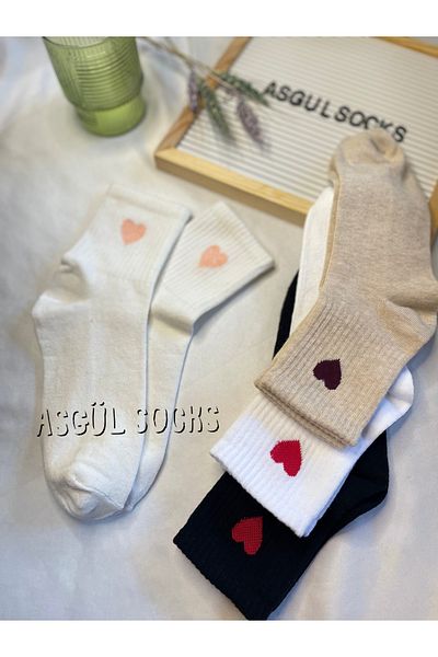ASGÜL SOCKS Комплект от 4 чифта памучни колежански чорапи с шарка на сърце