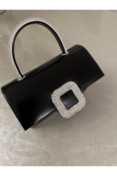 mossi Women's Shiny Black Evening Dress Bag - Crystal Stone Buckle Evening Dress Bag