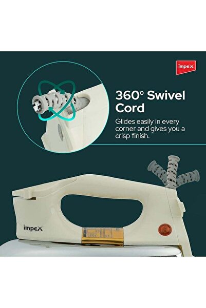 İMPEX Heavy Duty Iron Box 1.5Kg Temperature Dial And Auto Shut Off  Ceramic Coating 1200W IB201 Ivory