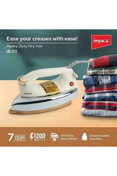 İMPEX Heavy Duty Iron Box 2Kg Temperature Dial And Auto Shut Off  Ceramic Coating 1200W IB211 Ivory
