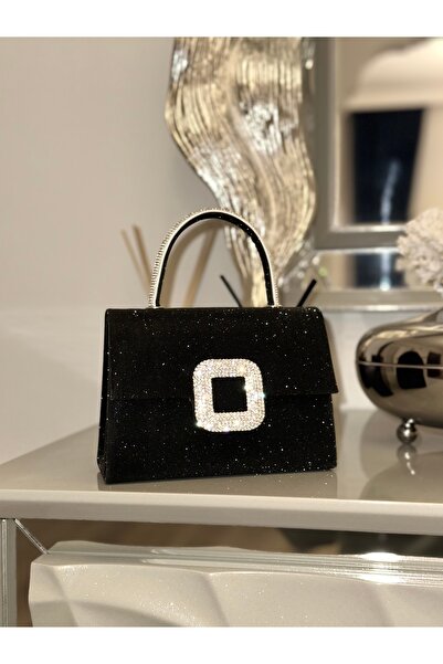 mossi Kadın Siyah Simli Abiye Çanta - Kristal Taşlı Tokalı Abiye Çanta